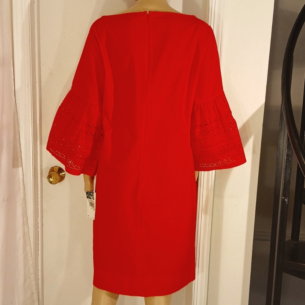 NWT Lauren Ralph Lauren Red Boat Neck Bell Sleeve Dress - Picture 8 of 12